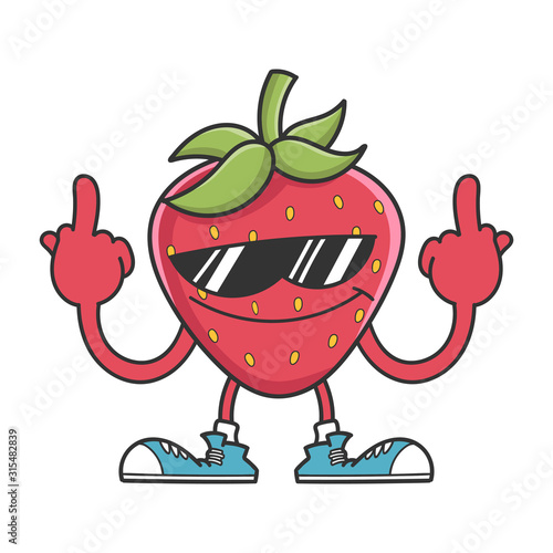 strawberry with sunglasses giving the middle fingers