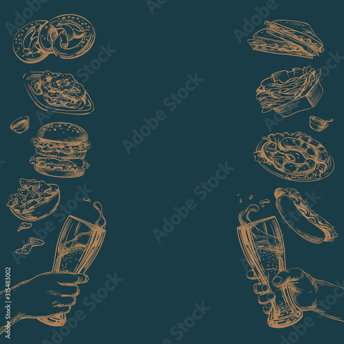Toasting two beer glasses in hands with a foamy splash. Snacks and food. Hamburger, hot dog, french fries, pretzel, sausages, squid rings. Square Template for the bar, tavern, restaurant  menu. Vector