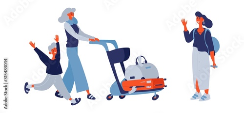 Vector concept scene with friends or lesbian family meeting together after journey or flight. Isolated on white background hand drawn characters wit young happy boy kid, trolley with travel bags.