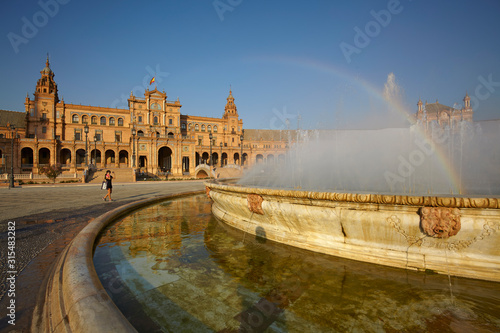 The fountain and the central building in Plaza de España (Spain Square) in Seville, Spain