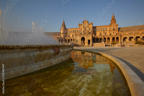The fountain and the central building in Plaza de España (Spain Square) in Seville, Spain