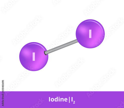 Vector ball-and-stick model of chemical substance. Purple icon of iodine molecule I2 with one single bond. Structural formula of iodine is suitable for education and isolated on a white backgroud.