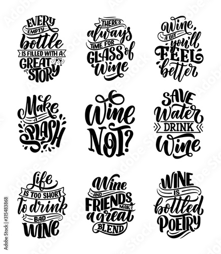 Set of wine lettering compositions in modern style. Alcohol beverage bar drink concept. Vintage typography for prints or posters. Vector
