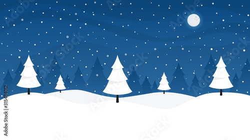 Winter landscape with white firs, snow, snowflakes, moon. Night coniferous forest. Flat vector illustration
