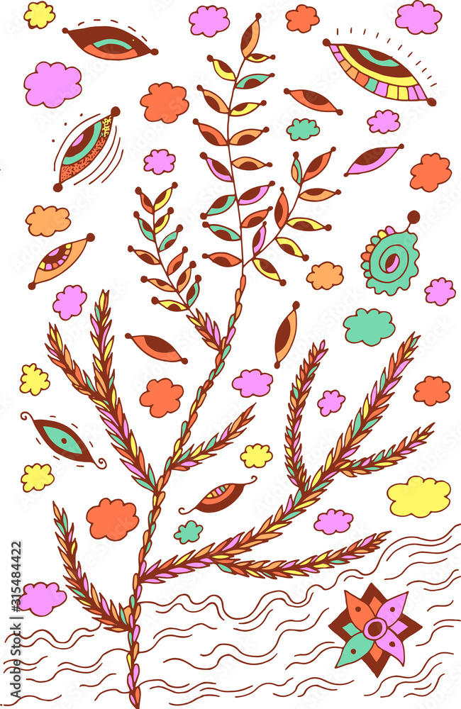 Heather - floral illustration. colorful plant drawing. Graphic psychedelic multicolored line art. Vector artwork