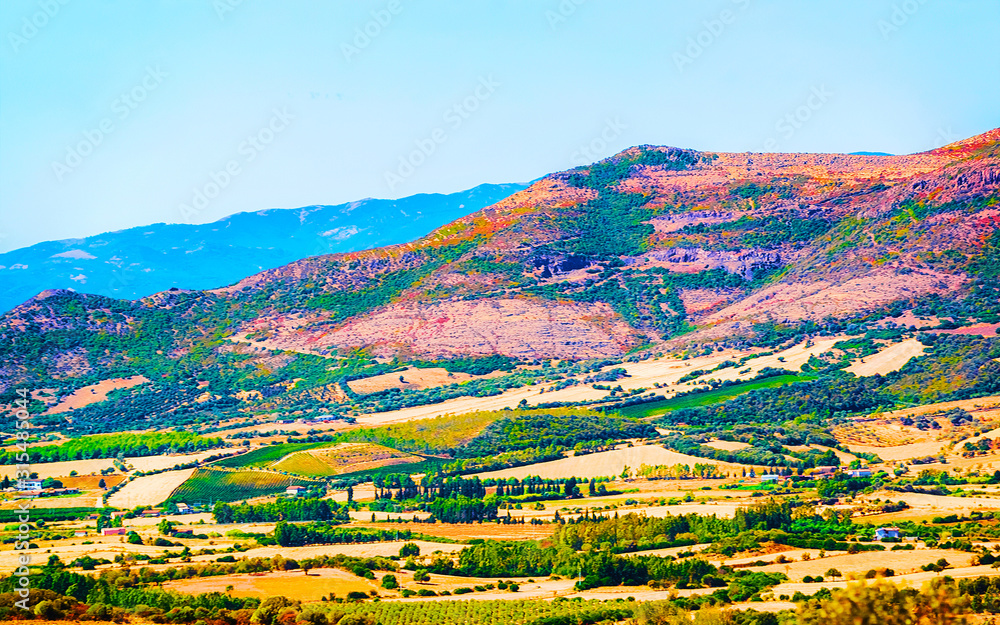 Rural landscape. Beautiful vineyards and agricultural Scenery of Perdaxius, Carbonia-Iglesias. Panorama in South Sardinia island of Italy. Sardegna in summer. Cagliari province. Mixed media.