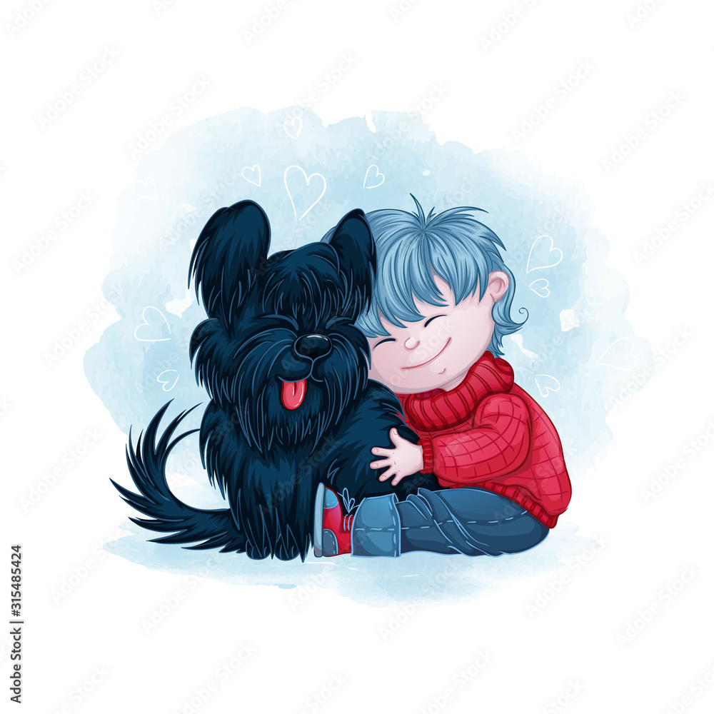 Little boy hugs his black dog friend. Watercolor textural background,  cartoon cute characters. Friendship of children and animals. Stock Vector |  Adobe Stock