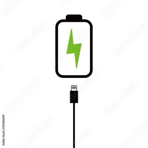 Battery icon. Battery with a charge sign. Lightning in the middle. Charging cord vector.