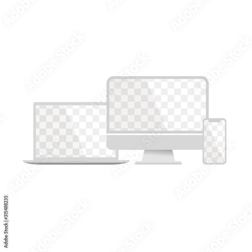 White devices. Computer, smartphone and laptop with transportent screen and shadow on a white background. Vector illustration