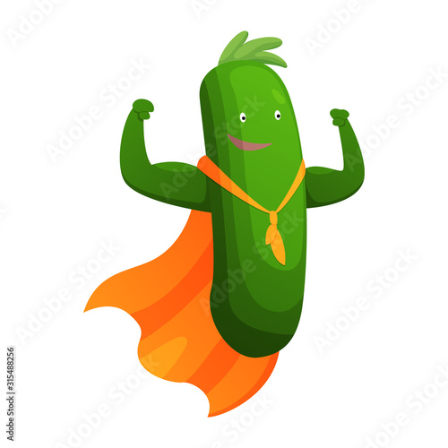 Vector vegetable cartoon character of superhero expression. Funny personage of squash. Vegetarian diet. Isolated on white background
