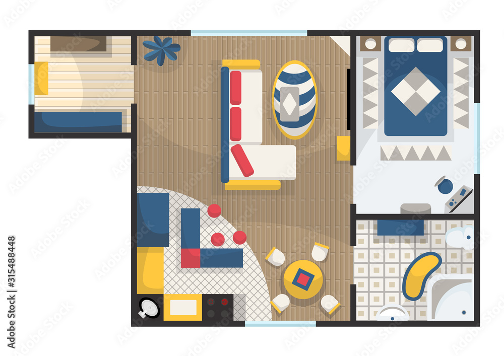 Architectural Color Floor Plan. Detailed apartment furniture overhead top view. Studio Apartment With One Bedroom. Flat style vector illustration