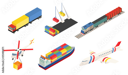 Element of Global logistics network. Vector illustration. Different type of transport. Air cargo plane, rail transportation on train, maritime shipping large ships, truk and port with container