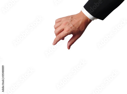 A male businessman's hand on white background, trying to catch something with the thumb and the index fingers.