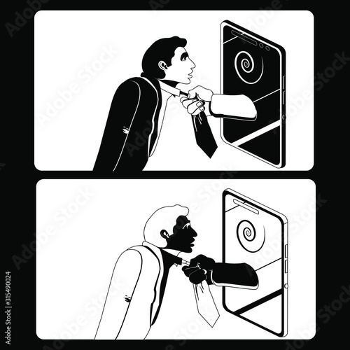 Key opinion leader or social media madness, gadget addiction concept. Rough irresistible internet marketing. Dominant leadership. Monochrome black silhouette of a man, cell phone and hand pulls a tie.