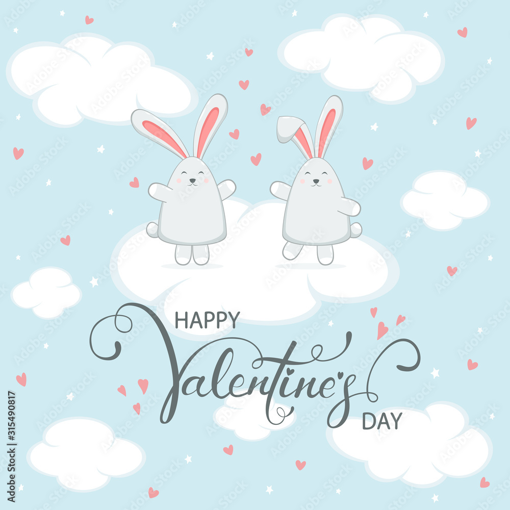 Bunny Couple and Valentines Hearts on Blue Sky Background Bunny Couple and Valentines Hearts on Blue Sky Background