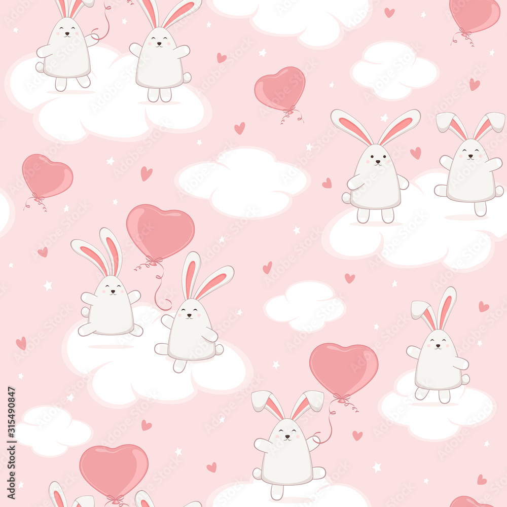 Seamless Background with Bunny Couples and Valentines Hearts on Pink Sky Seamless Background with Bunny Couples and Valentines Hearts on Pink Sky