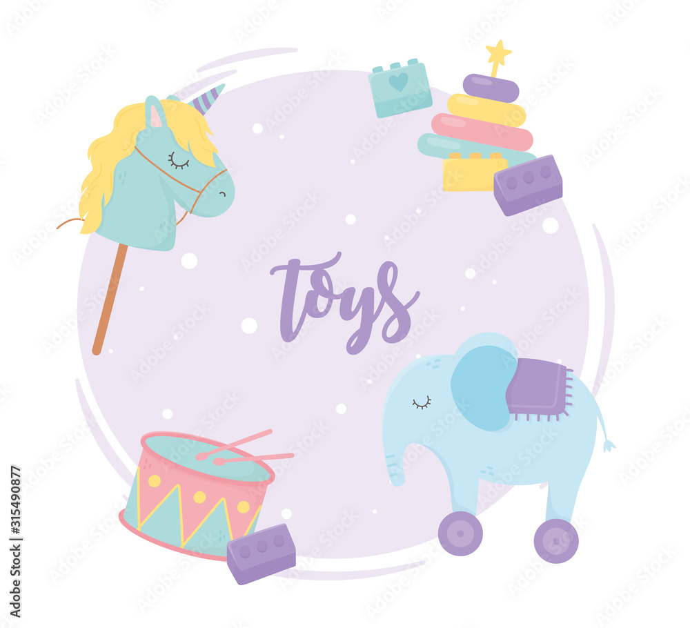 Naklejka premium pyramid horse stick drum blocks and elephant with wheels cartoon kids toys