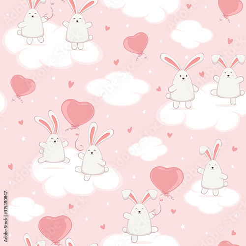 Seamless Background with Bunny Couples and Valentines Hearts on Pink Sky