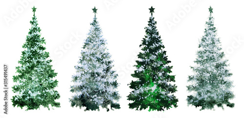 Collection of colorful trees for creating greeting cards. Set of snow-covered firs. Green Christmas trees isolated on a white background.