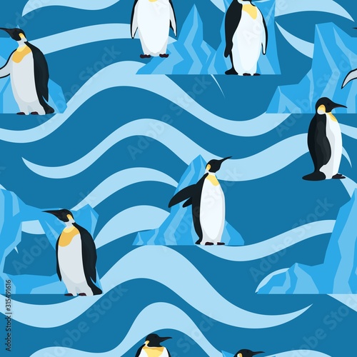flat penguins on blue with waves seamless pattern
