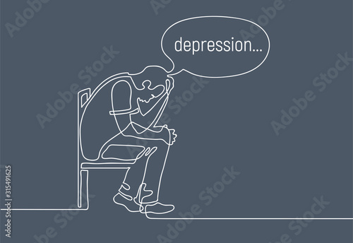 Depressed young man sitting on chair. Line art