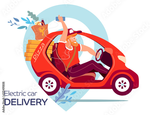 Pizza delivery. Young man on a electric car delivers pizza to order. Fast food delivery service. Flat vector illustration