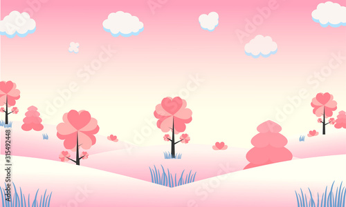 Natural pink tone. Heart tree in hill at cloud.