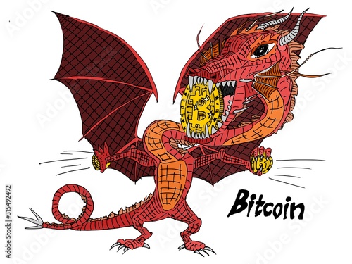 red dragon holds gold coins bitcoin