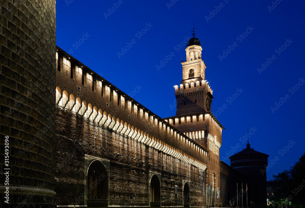 Sforza Castle illuminated by night, Milan, Italy