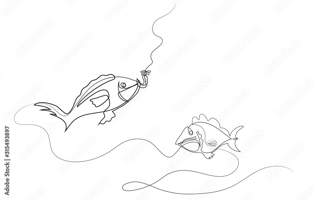 One continuous line drawing of Fish caught on a hook.Sea fishing