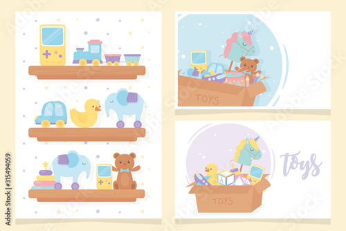 wooden shelves and boxes cartoon kids toys