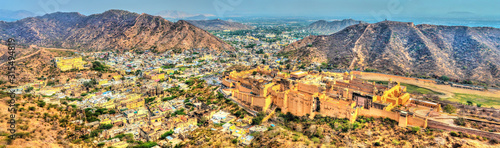 Panorama of Amer town with the Fort. A major tourist attraction in Jaipur - Rajasthan, India
