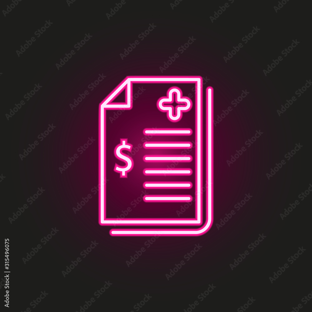 Medical bill neon style icon. Simple thin line, outline vector of medical icons for ui and ux, website or mobile application Medical bill neon style icon. Simple thin line, outline vector of medical icons for ui and ux, website or mobile application