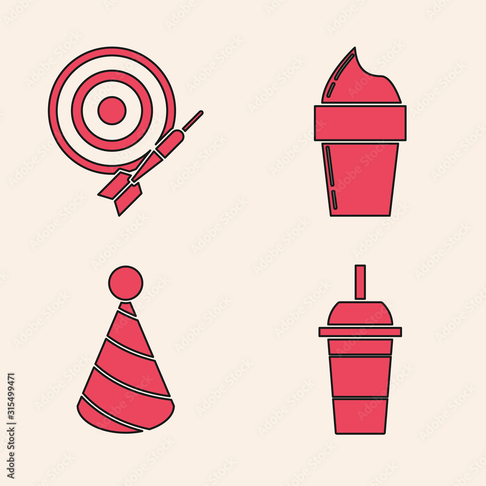 Set Paper glass with drinking straw and water, Classic dart board and  arrow, Ice cream in waffle cone and Party hat icon. Vector Stock Vector |  Adobe Stock