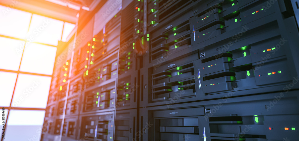 Server units in cloud service data center showing flickering light indicators for massive data connection bandwidth, close up shot.