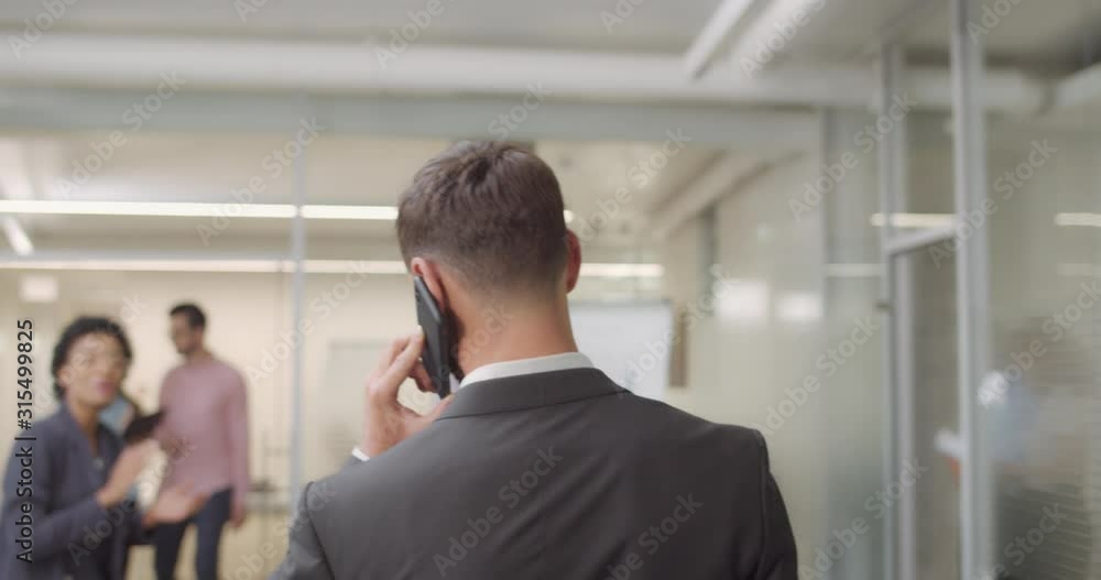Backside view of male businessman talking on smartphone and entering modern office. Male and female office workers congratulating his boss . Concept of successfull business, victory. Backside view of male businessman talking on smartphone and entering modern office. Male and female office workers congratulating his boss . Concept of successfull business, victory.
