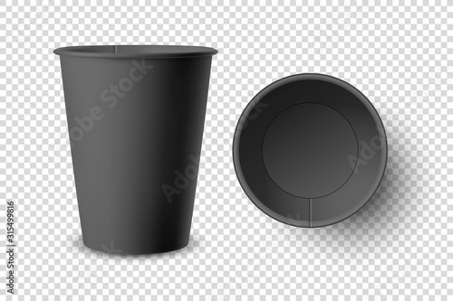 Vector 3d Realistic Black Disposable Opened Empty Paper, Plastic Coffee, Tea Cup for Drinks Icon Set Closeup Isolated on Transparent Background. Design Template, Mockup. Top and Front View