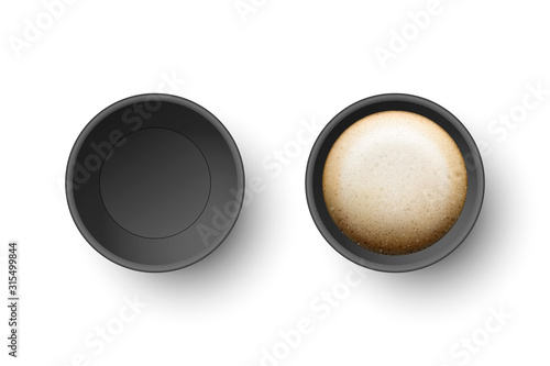 Vector 3d Realistic Black Disposable Opened Paper, Plastic Coffee, Tea Cup for Drinks Icon Set Closeup Isolated on White Background. Design Template, Mockup. Top View