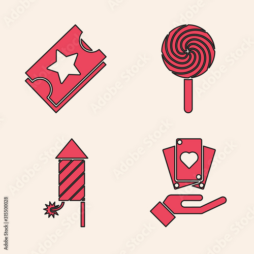 Set Hand holding playing cards, Ticket, Lollipop and Firework rocket icon. Vector