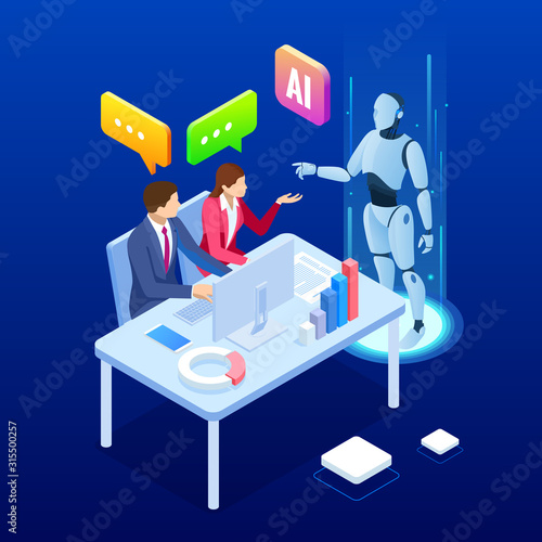 Isometric man and woman with robot artificial intelligence working , robot working with virtual display. RPA, artificial intelligence, robotics process automation