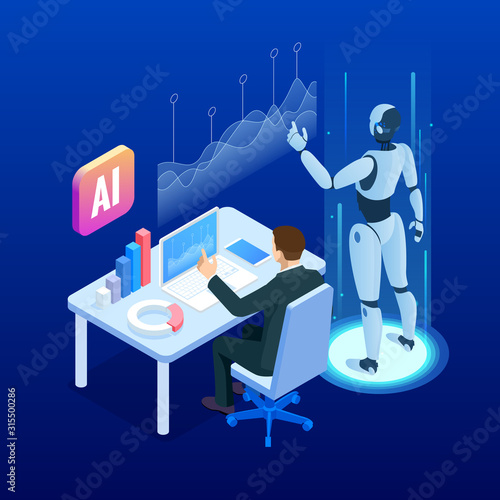 Isometric man and woman with robot artificial intelligence working , robot working with virtual display. RPA, artificial intelligence, robotics process automation