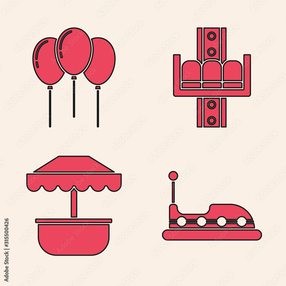 Set Bumper car, Balloons with ribbon, Attraction carousel and Attraction  carousel icon. Vector Stock Vector | Adobe Stock