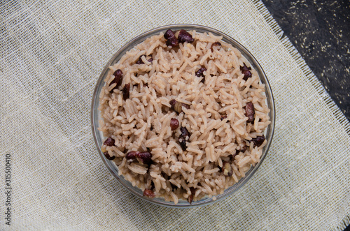 Photography Flat view of rice with red beans in a pot