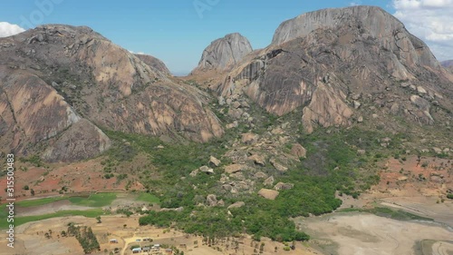 Aerial Drone Shot of Anja Community Reserve in Madagascar with Beautiful Grassy Mountain Woodlands with Fallen Rocks and Wildlife