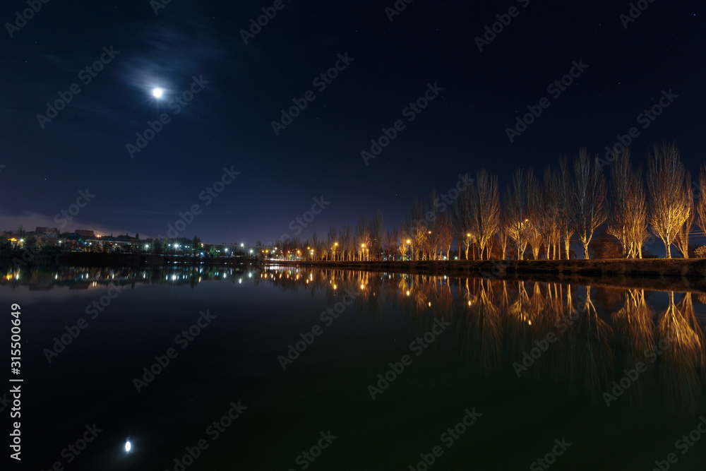 Dark city landscape of lake and moon