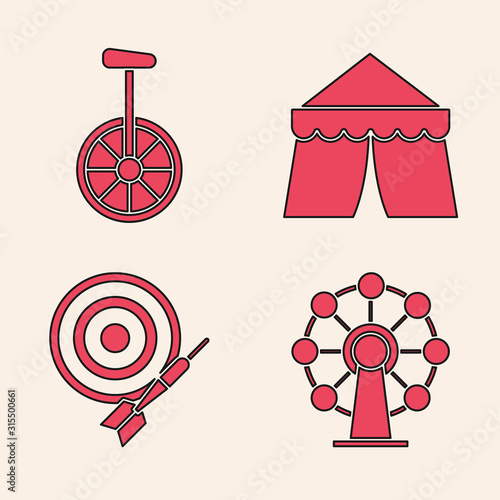 Set Ferris wheel, Unicycle or one wheel bicycle, Circus tent and Classic dart board and arrow icon. Vector