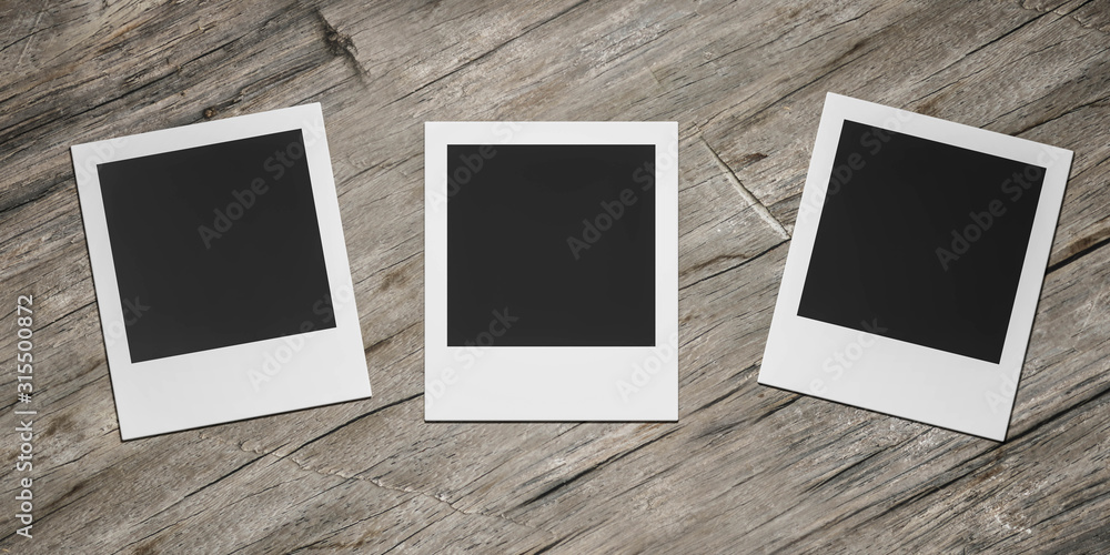 three square blank empty photocards on wooden background 3d render illustration