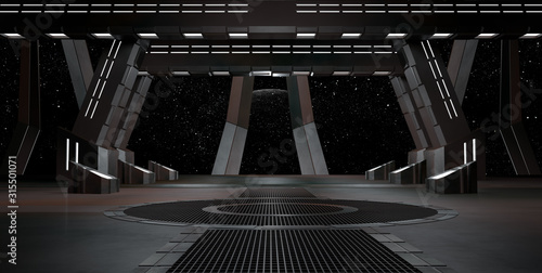 sci fi  corridor with view of space galaxy 3d rendering