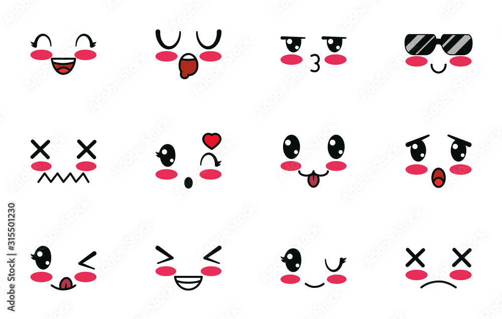 Isolated kawaii cartoon face icon set vector design