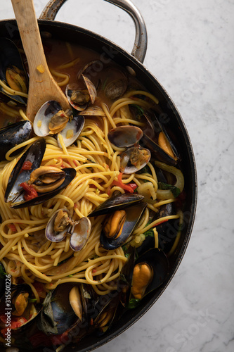 Homemade Spaghetti with traditional medeteranian seafood  photo